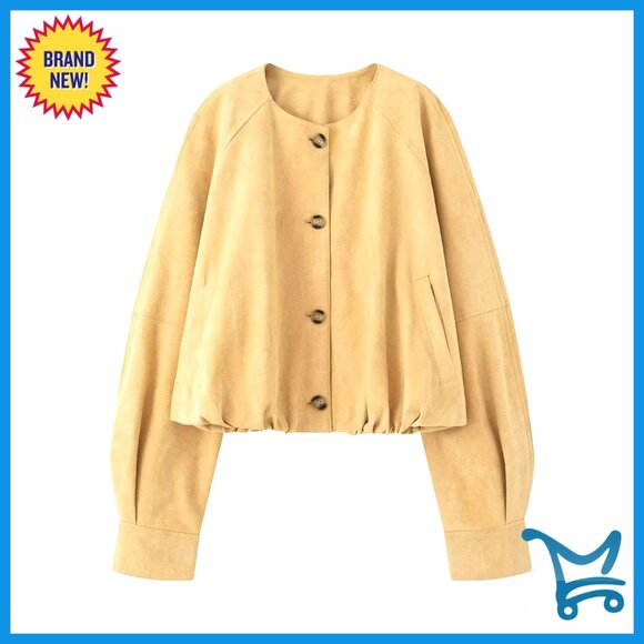 Oversized Faux Suede Bomber Jacket Cropped Casual Button Closure